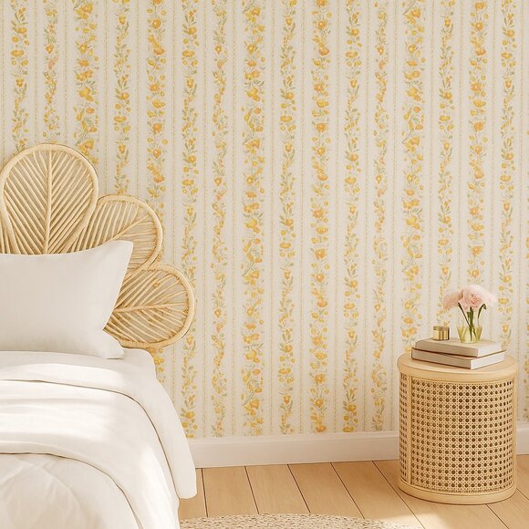 Vintage 1980s Striped Orange Floral Motif Wallpaper - Picture 5 of 8